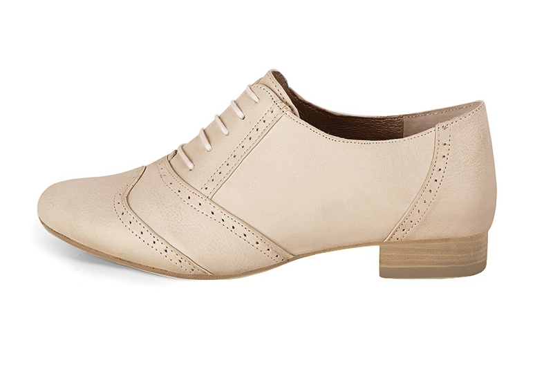 Champagne white women's fashion lace-up shoes. Round toe. Flat leather soles. Profile view - Florence KOOIJMAN